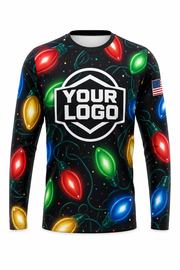 Front of Midnight Multicolor Giant C9 Bulbs Christmas light installer shirt: black covered in oversized multicolor C9 bulbs