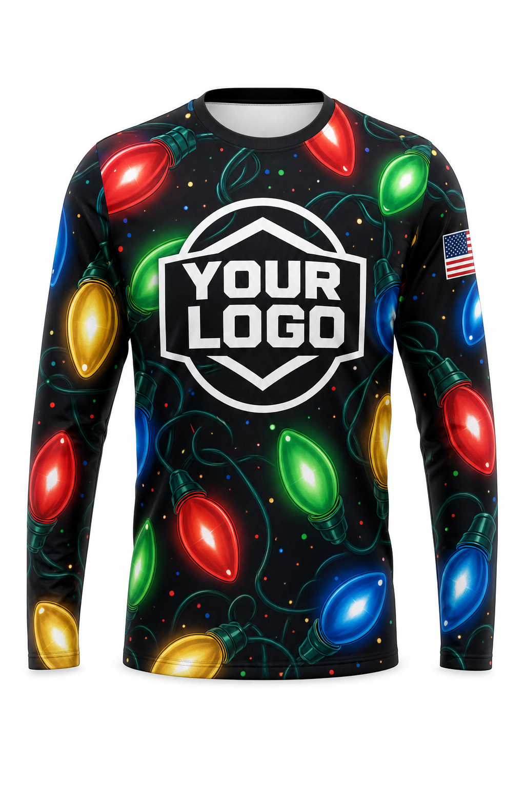 Front of Midnight Multicolor Giant C9 Bulbs Christmas light installer shirt: black covered in oversized multicolor C9 bulbs