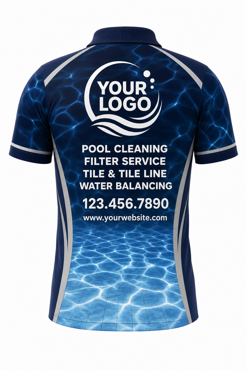 Midnight Caustics custom pool cleaning crew uniform polo shirt — back (polo-back)