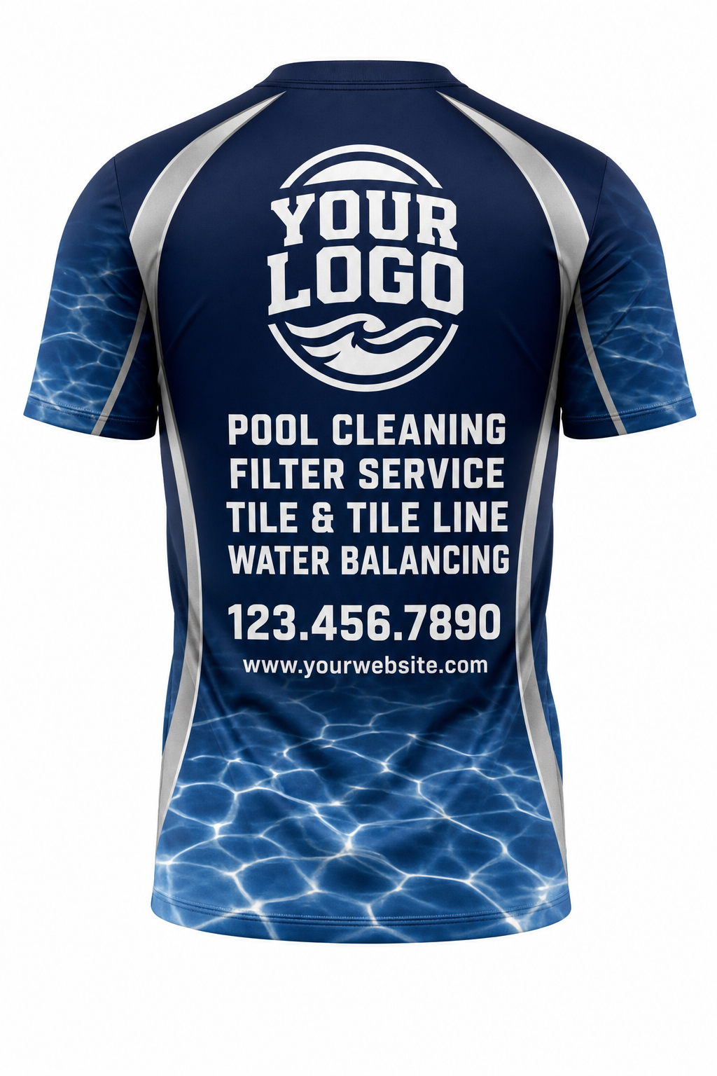 Midnight Caustics custom pool cleaning crew uniform t-shirt — back (tee-back)