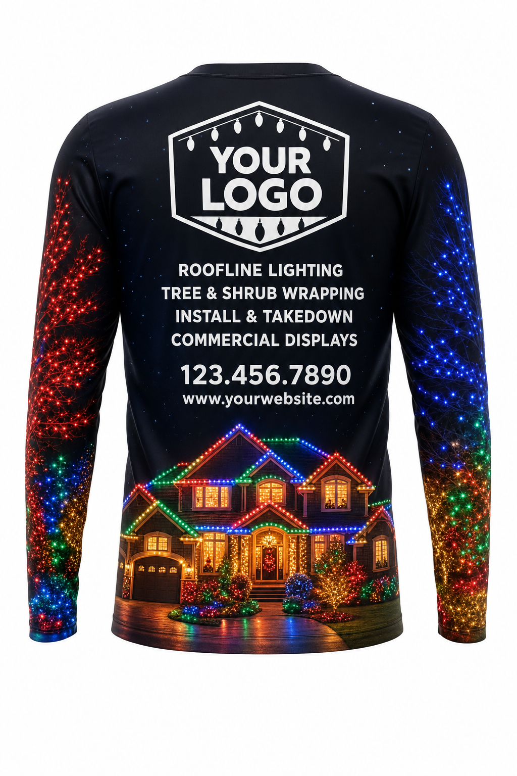 Back of Midnight Multicolor Lit House Display Christmas light installer shirt: black with multicolor-lit sleeves and a lit house at the hem, with logo, services and phone placeholders