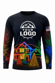 Front of Midnight Multicolor Lit House Display Christmas light installer shirt: black with a house outlined in multicolor lights