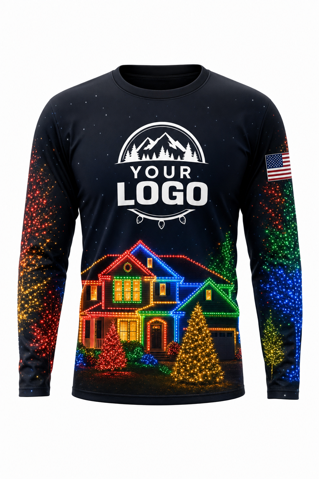 Front of Midnight Multicolor Lit House Display Christmas light installer shirt: black with a house outlined in multicolor lights