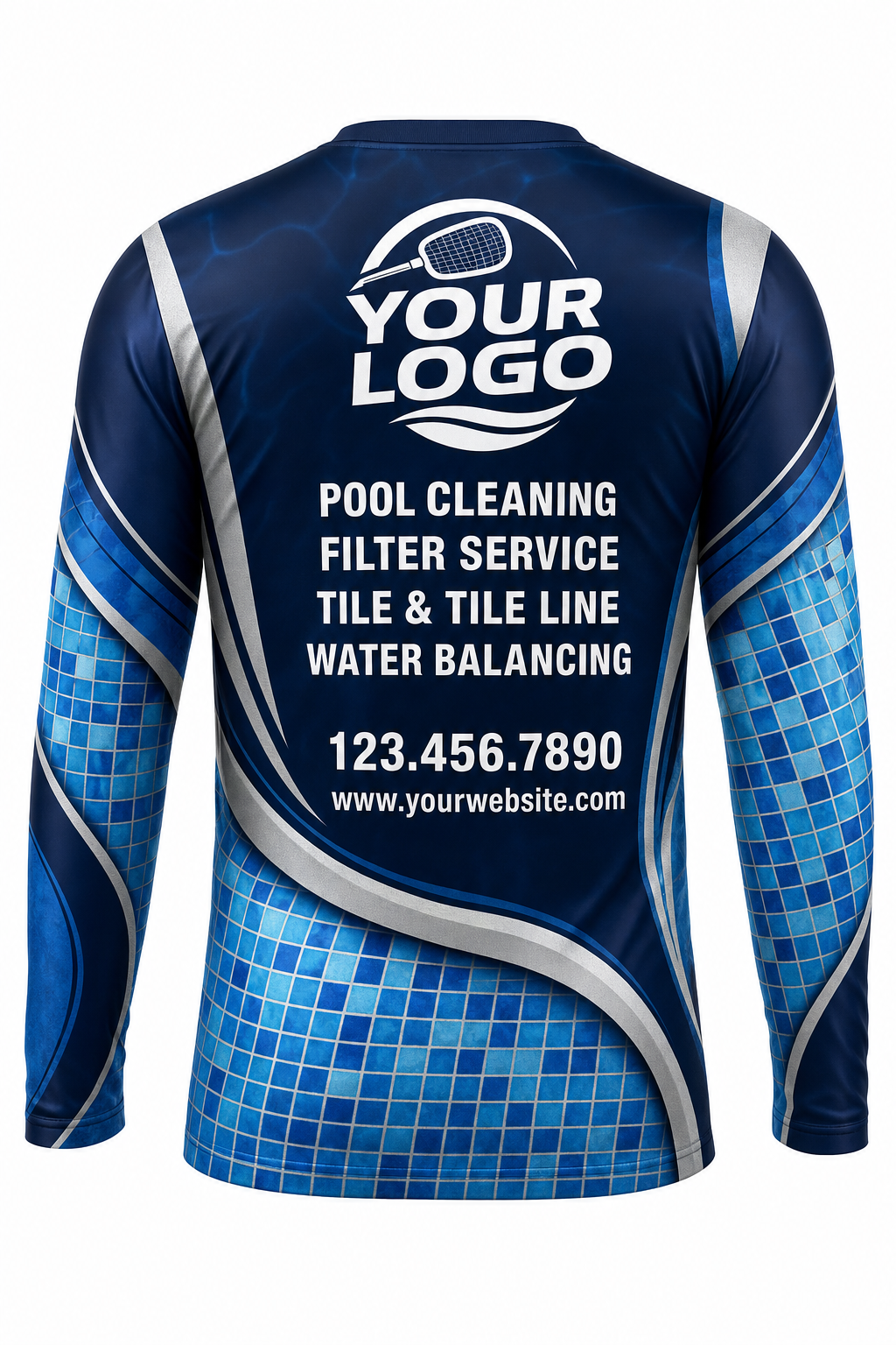 Midnight Mosaic custom pool cleaning crew uniform long-sleeve shirt — back (longsleeve-back)