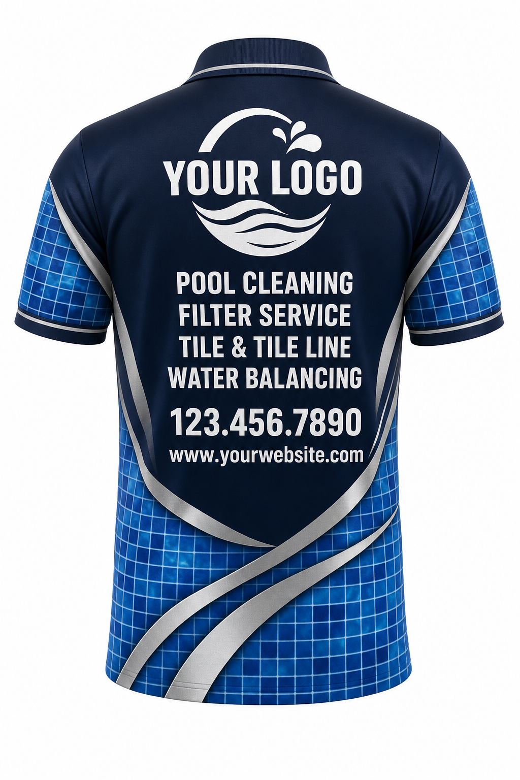 Midnight Mosaic custom pool cleaning crew uniform polo shirt — back (polo-back)