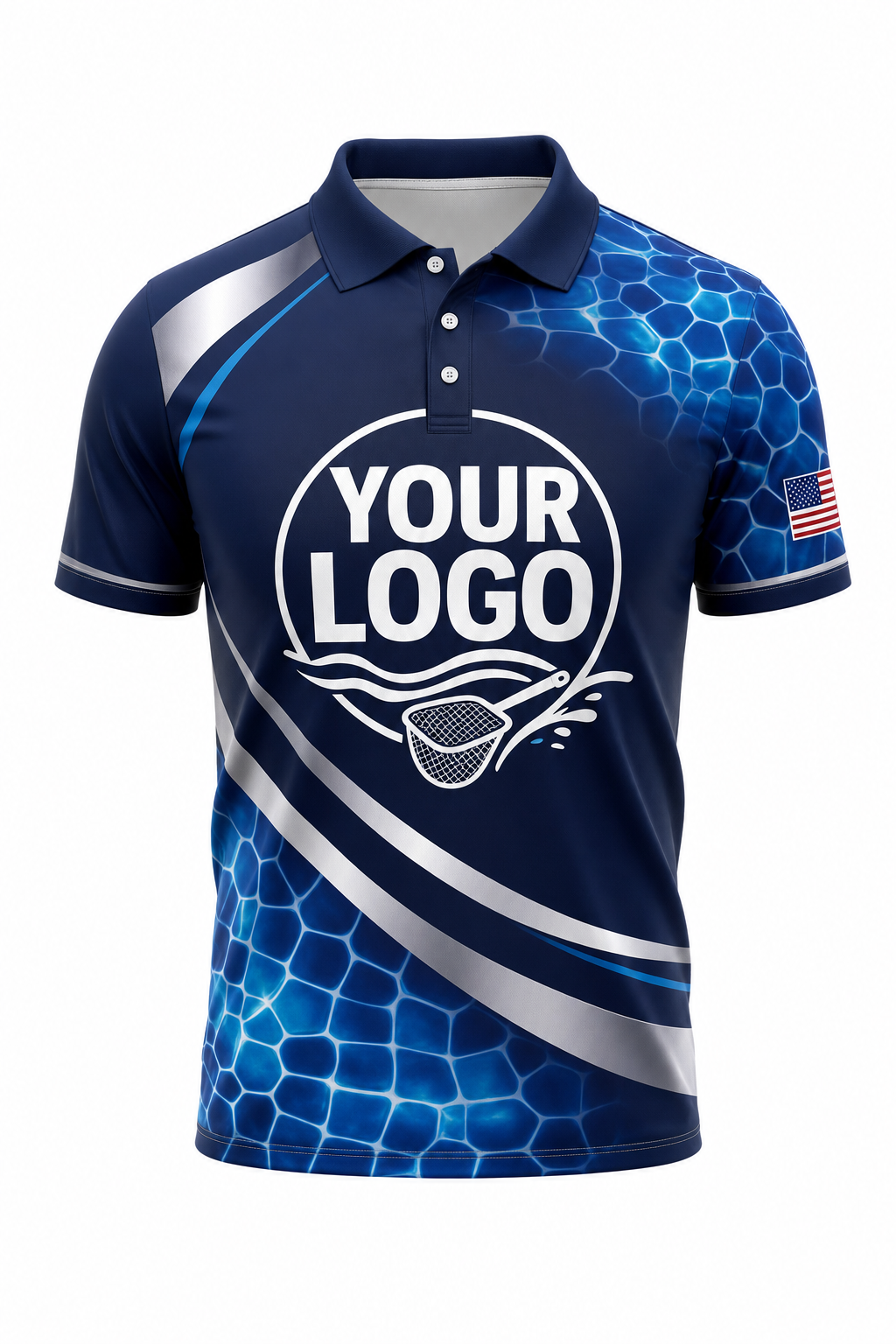 Midnight Mosaic custom pool cleaning crew uniform polo shirt — front (polo-front)
