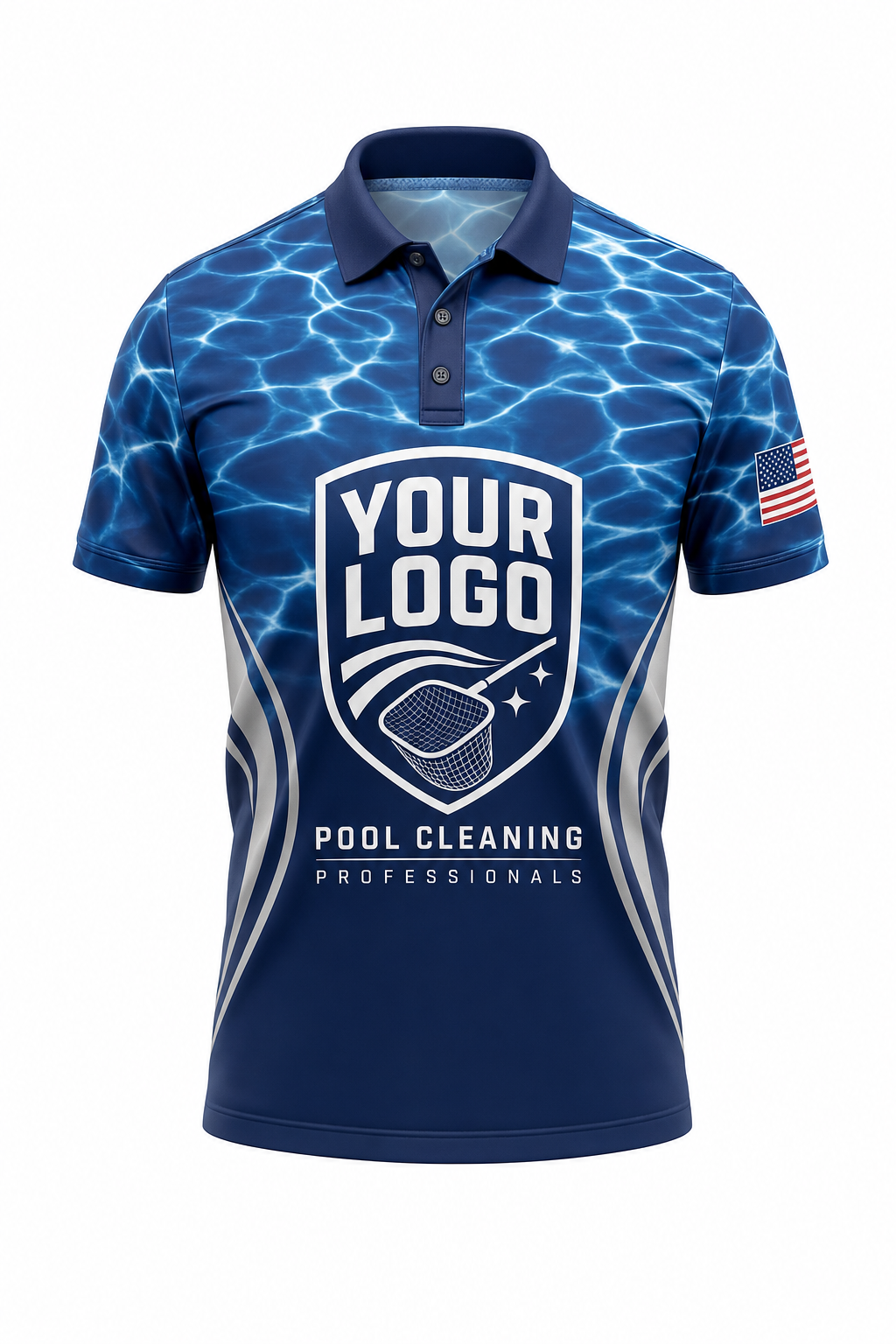 Midnight Ripple custom pool cleaning crew uniform polo shirt — front (polo-front)