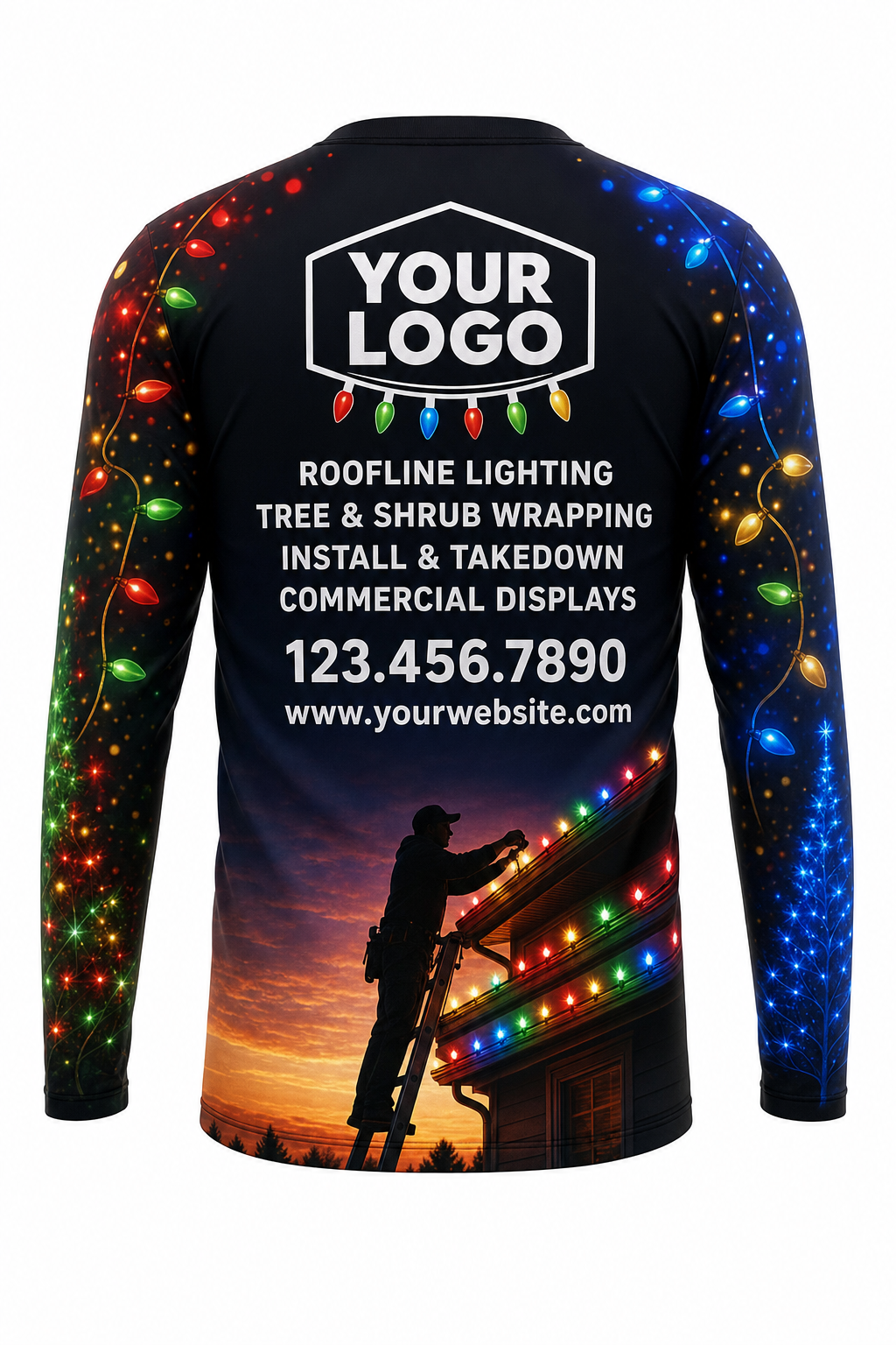 Back of Midnight Multicolor Rooftop Crew Christmas light installer shirt: dark with multicolor-lit sleeves and the installer scene at the hem, with logo, services and phone placeholders