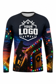 Front of Midnight Multicolor Rooftop Crew Christmas light installer shirt: a dark sky with an installer on a ladder hanging multicolor lights