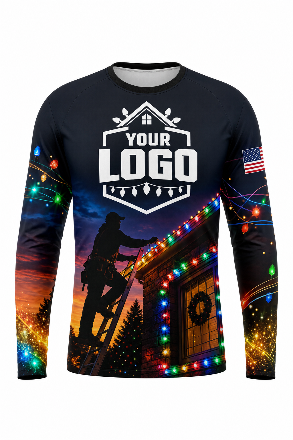 Front of Midnight Multicolor Rooftop Crew Christmas light installer shirt: a dark sky with an installer on a ladder hanging multicolor lights