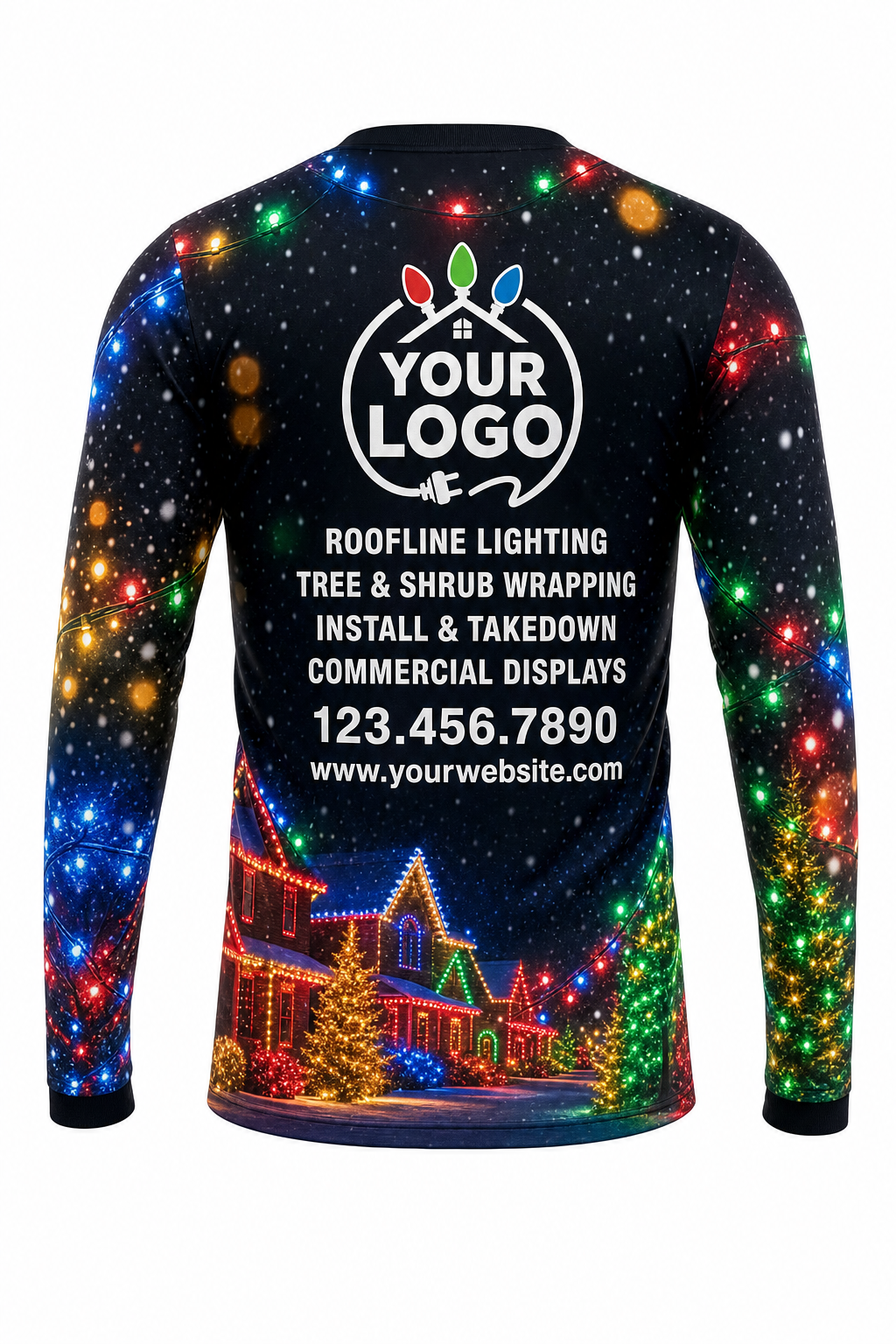 Back of Midnight Multicolor Snowfall & Lights Christmas light installer shirt: black with snow and a multicolor lit village at the hem, with logo, services and phone placeholders