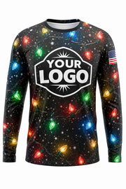 Front of Midnight Multicolor Snowfall & Lights Christmas light installer shirt: black with snowfall and multicolor string lights