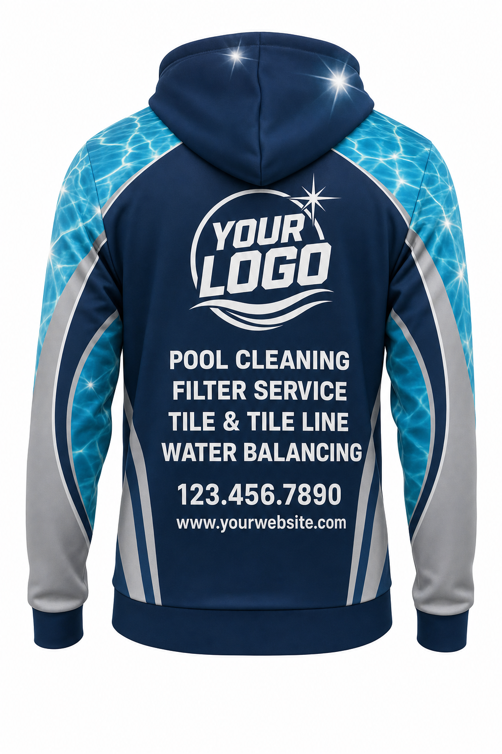 Midnight Sun Sparkle custom pool cleaning crew uniform hoodie — back (hoodie-back)