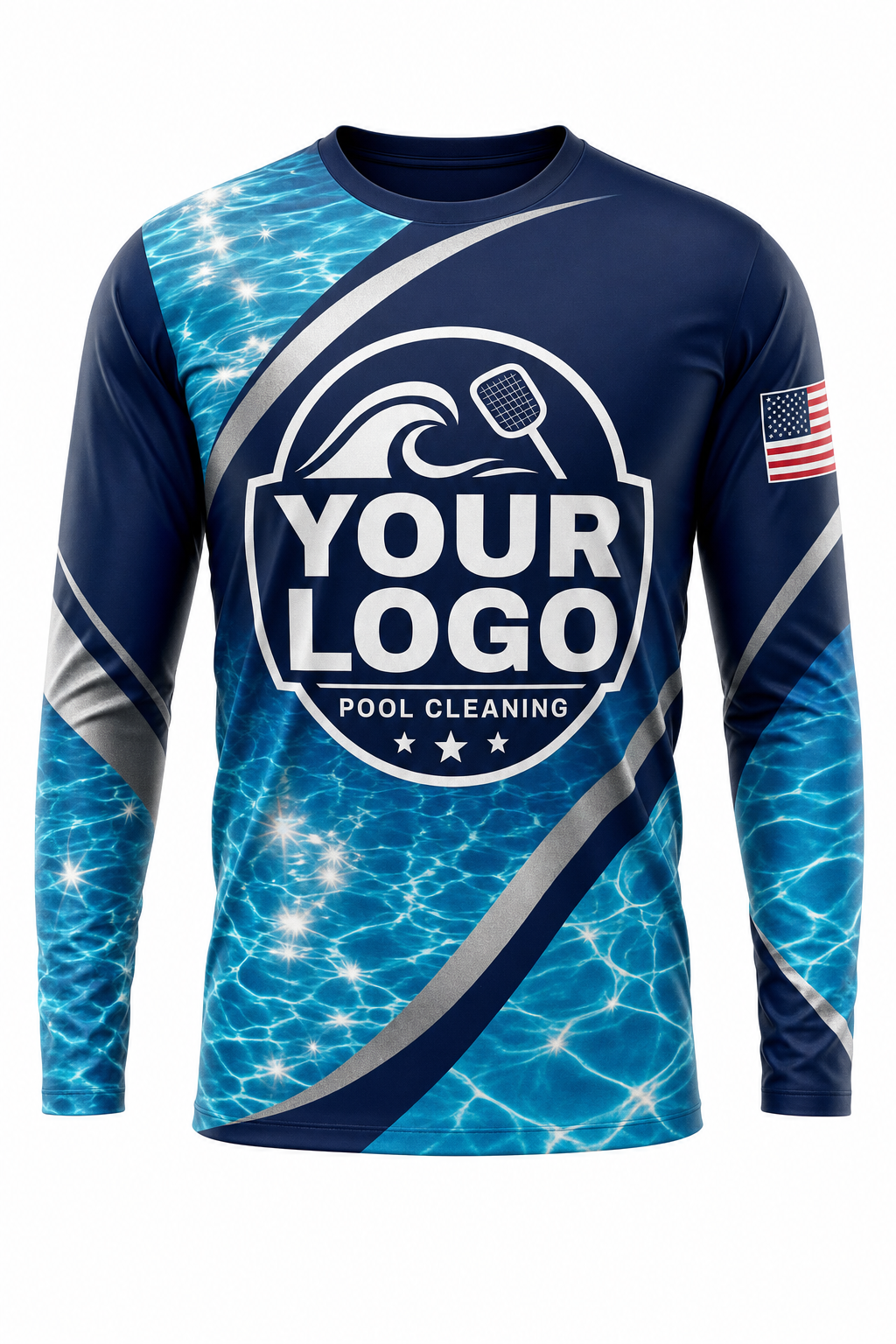 Midnight Sun Sparkle custom pool cleaning crew uniform long-sleeve shirt — front (longsleeve-front)
