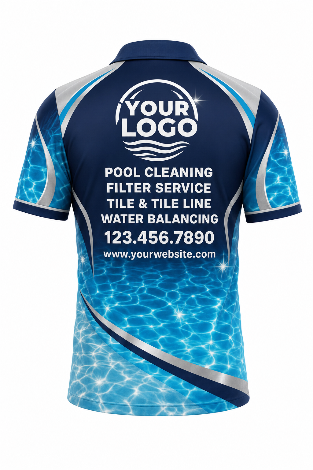 Midnight Sun Sparkle custom pool cleaning crew uniform polo shirt — back (polo-back)