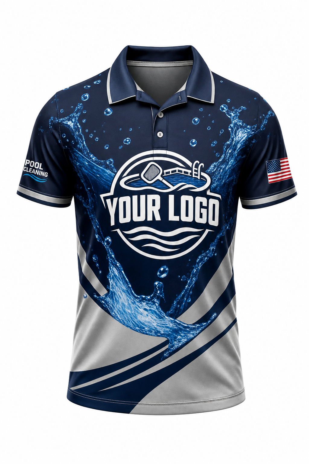 Midnight Splash custom pool cleaning crew uniform polo shirt — front (polo-front)