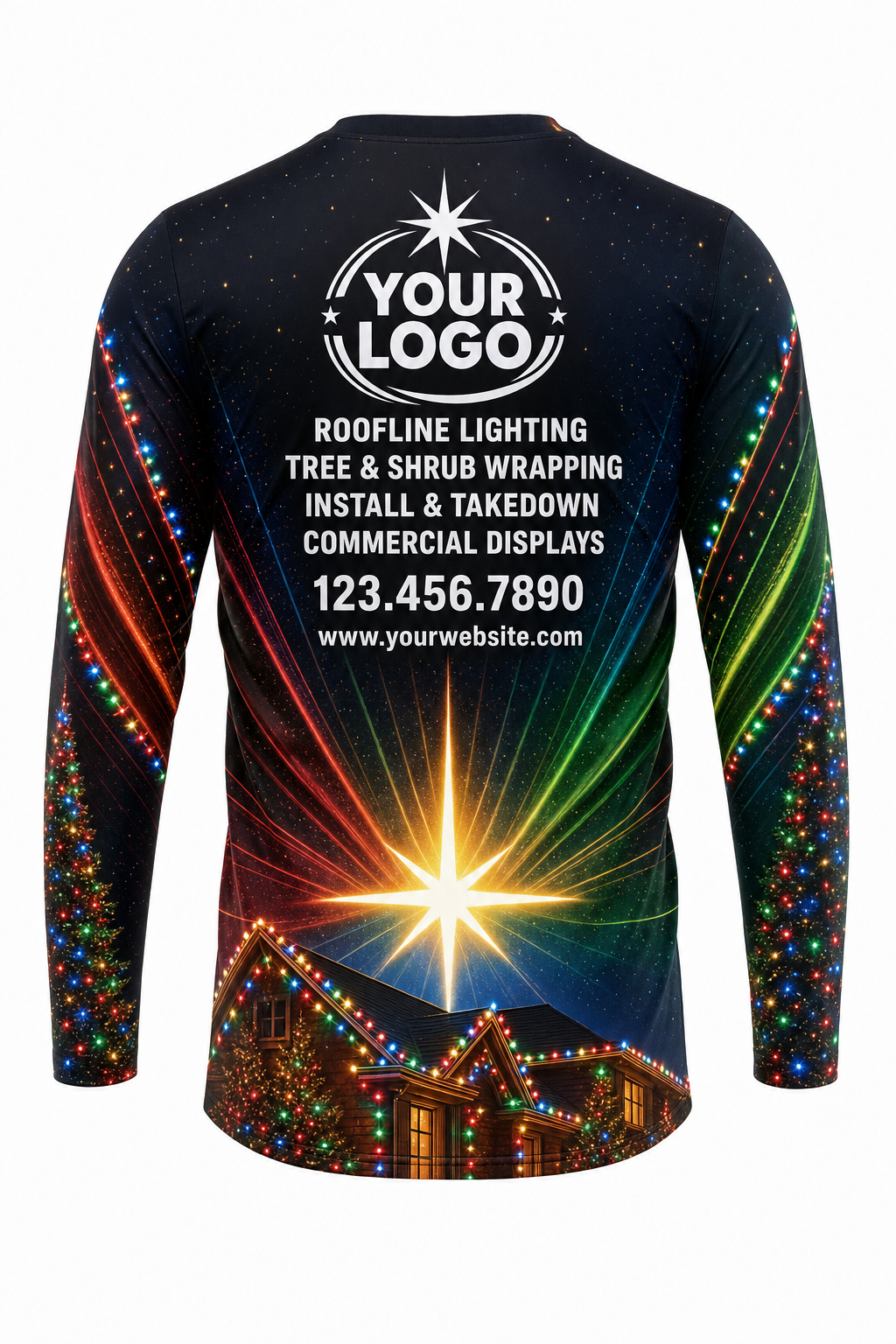 Back of Midnight Multicolor Rooftop Star Christmas light installer shirt: black with a star burst and multicolor light rays, with logo, services and phone placeholders
