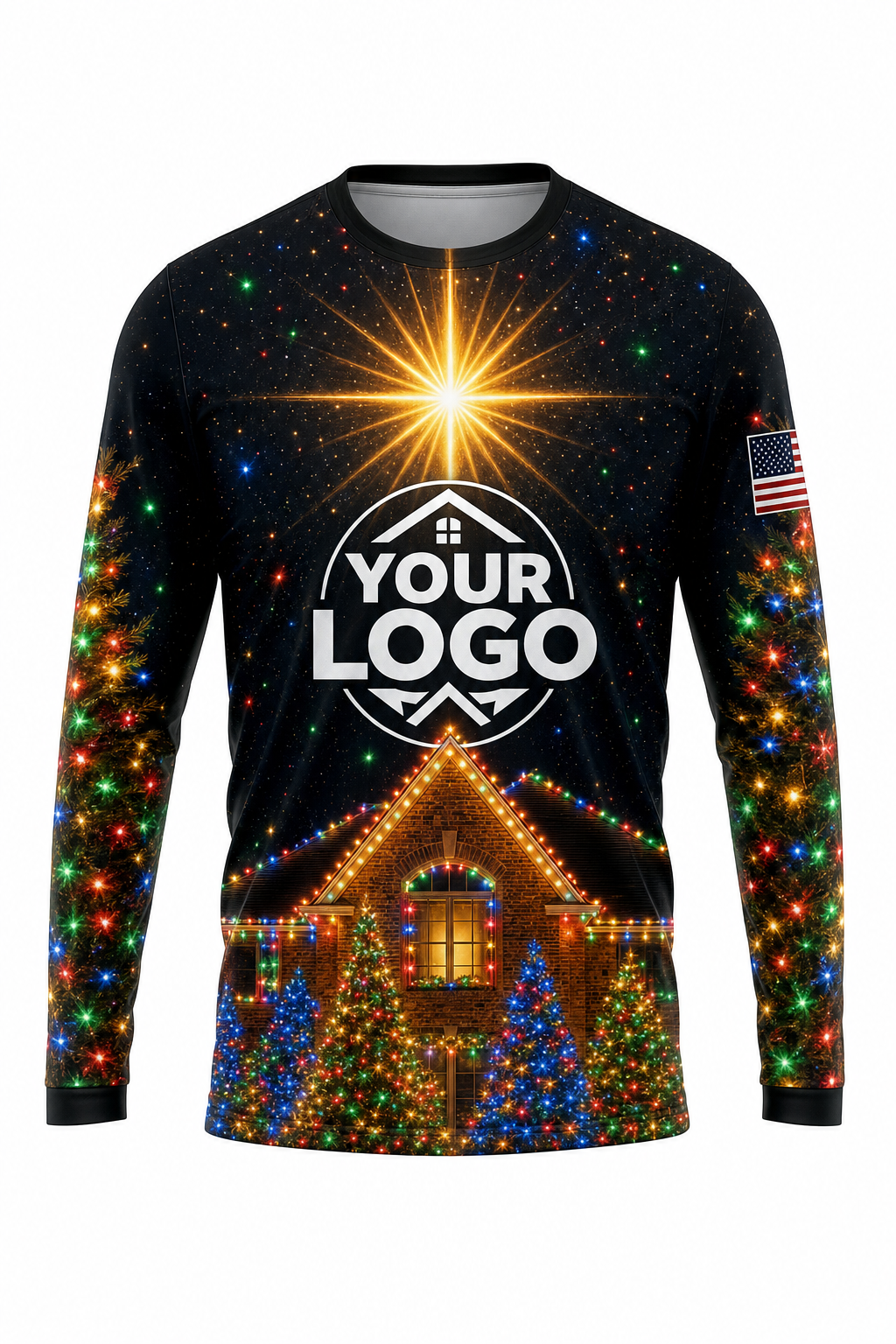 Front of Midnight Multicolor Rooftop Star Christmas light installer shirt: black with a golden star above a house lit in multicolor lights