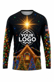 Front of Midnight Multicolor Rooftop Star Christmas light installer shirt: black with a golden star above a house lit in multicolor lights