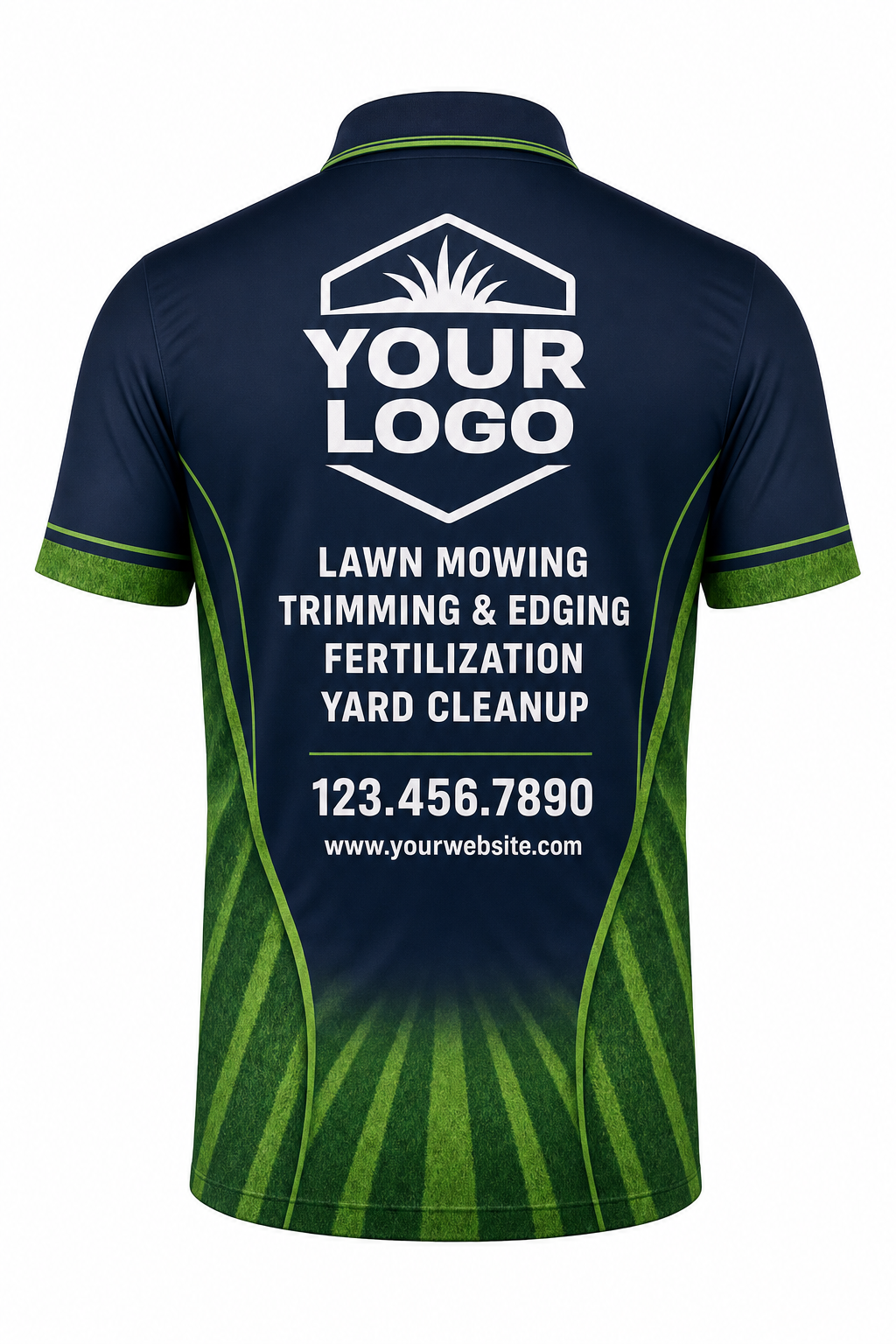 Midnight Mow Stripes custom lawn care & landscaping crew uniform Polo — back