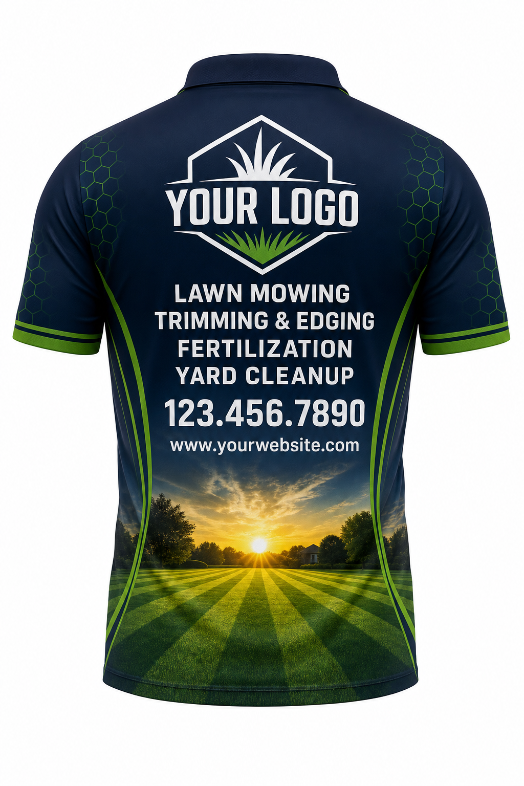 Midnight Sunrise Yard custom lawn care & landscaping crew uniform Polo — back