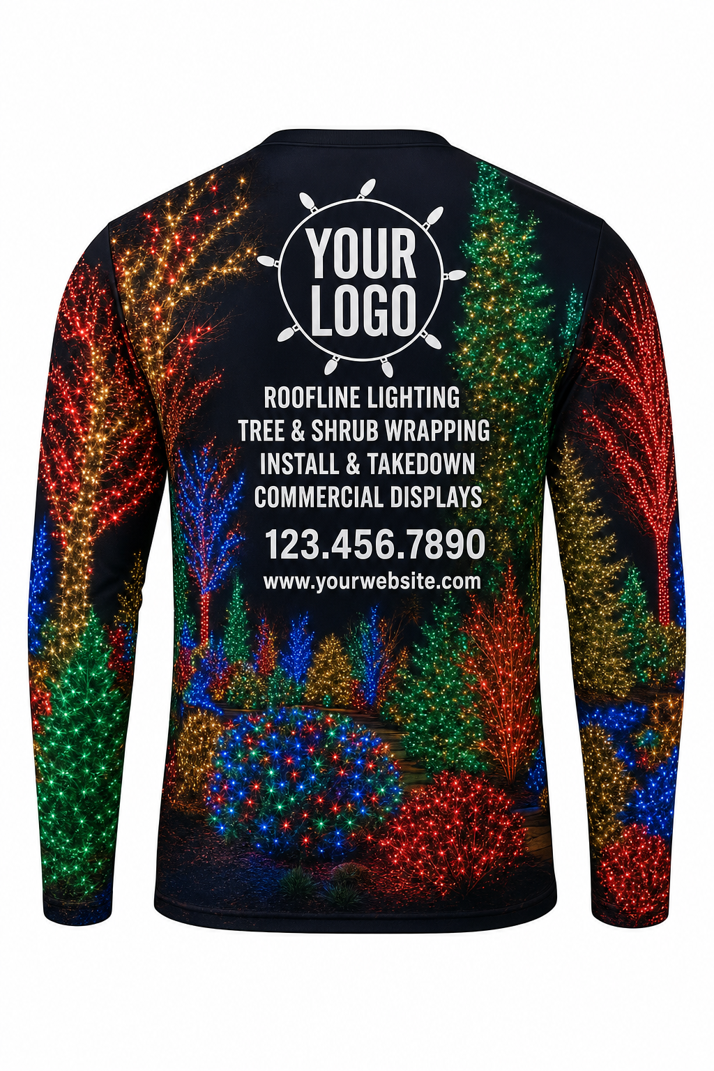 Back of Midnight Multicolor Tree & Shrub Wrap Christmas light installer shirt: black with a multicolor light-wrapped garden, with logo, services and phone placeholders
