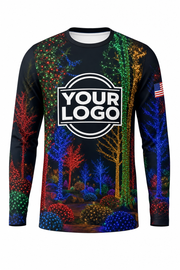 Front of Midnight Multicolor Tree & Shrub Wrap Christmas light installer shirt: black with trees wrapped in multicolor lights