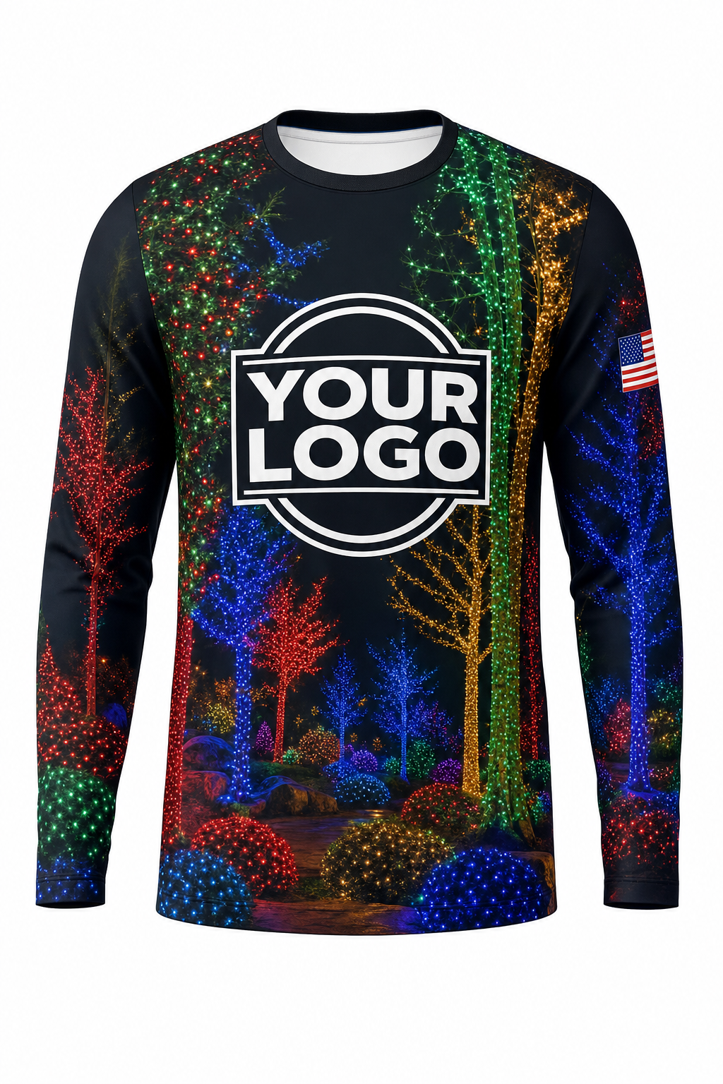 Front of Midnight Multicolor Tree & Shrub Wrap Christmas light installer shirt: black with trees wrapped in multicolor lights