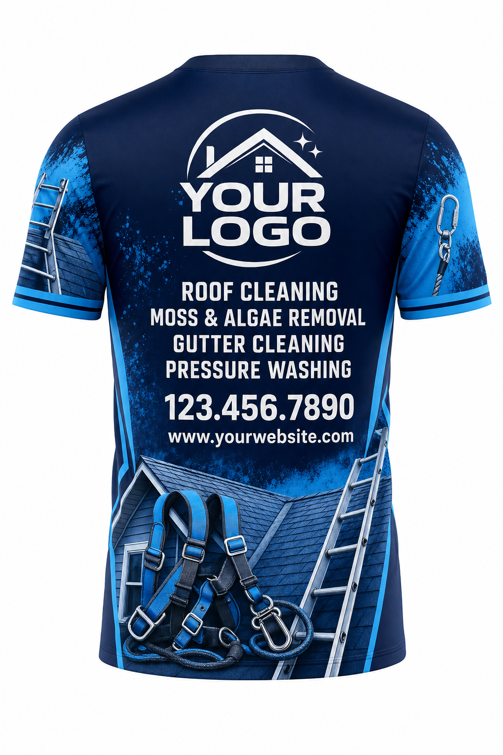Navy Roof Gear custom roof cleaning crew uniform t-shirt — back (tee-back)