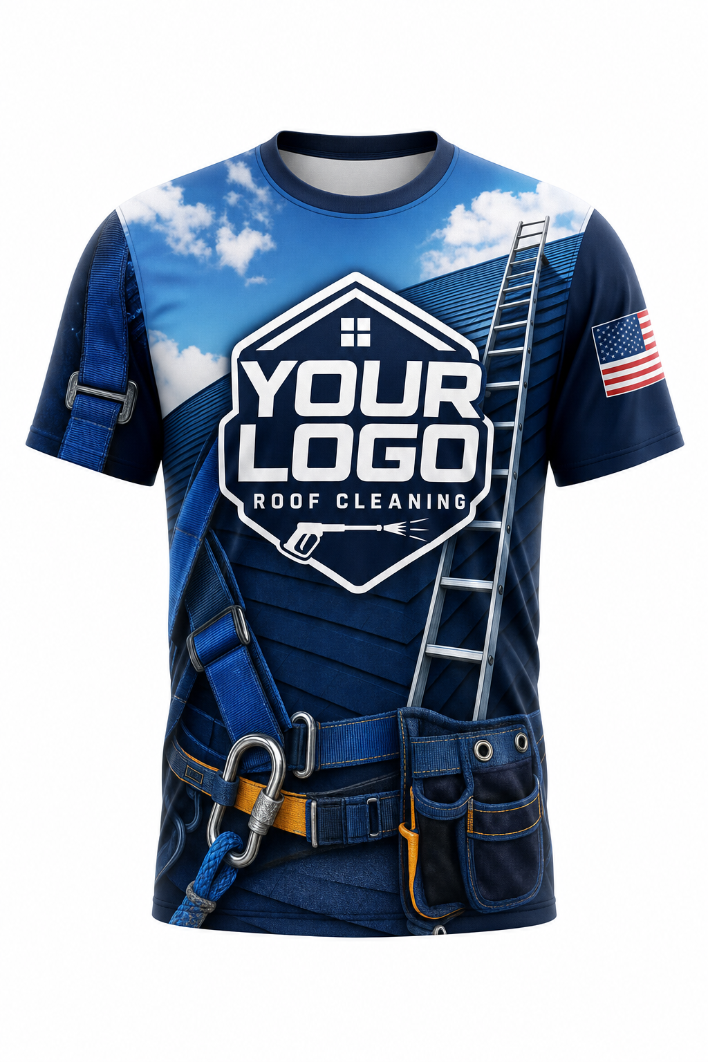 Navy Roof Gear custom roof cleaning crew uniform t-shirt — front (tee-front)