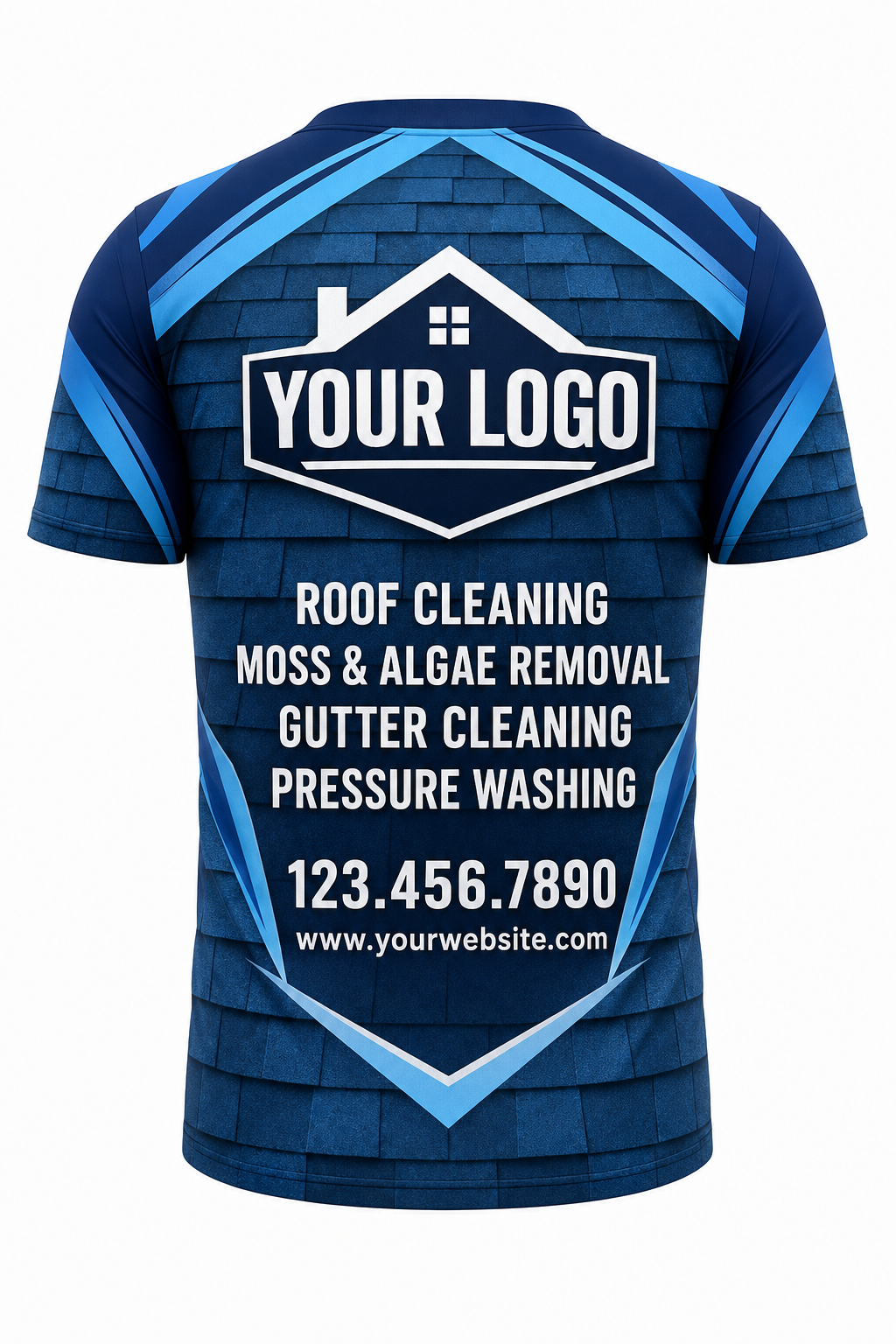 Navy Shingle custom roof cleaning crew uniform t-shirt — back (tee-back)