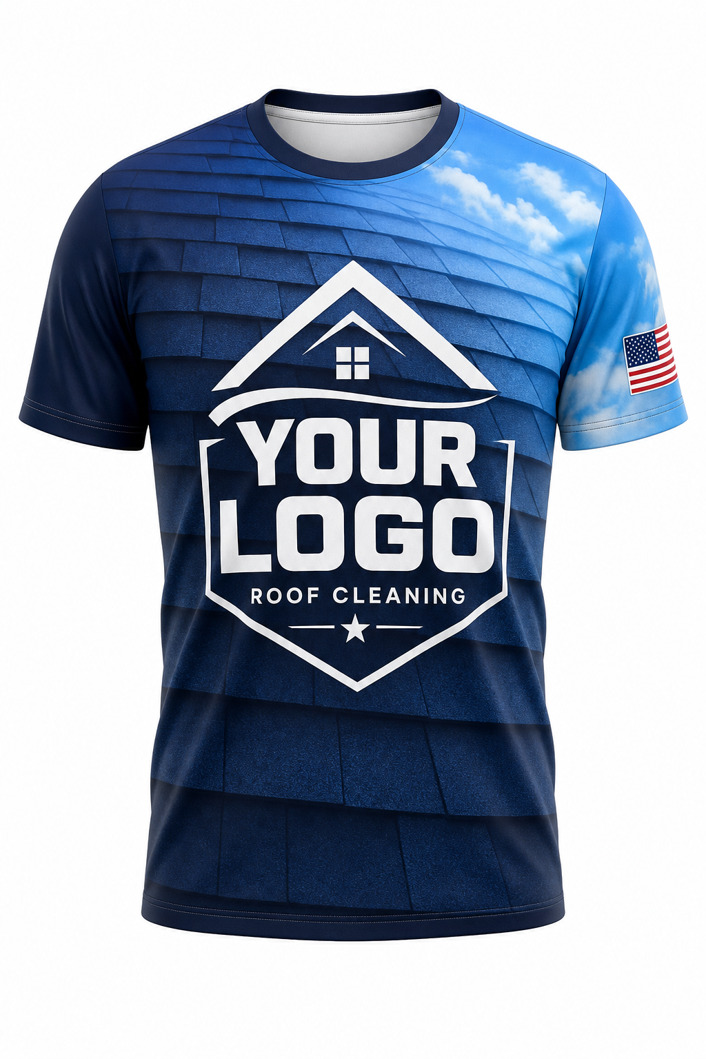 Navy Shingle custom roof cleaning crew uniform t-shirt — front (tee-front)