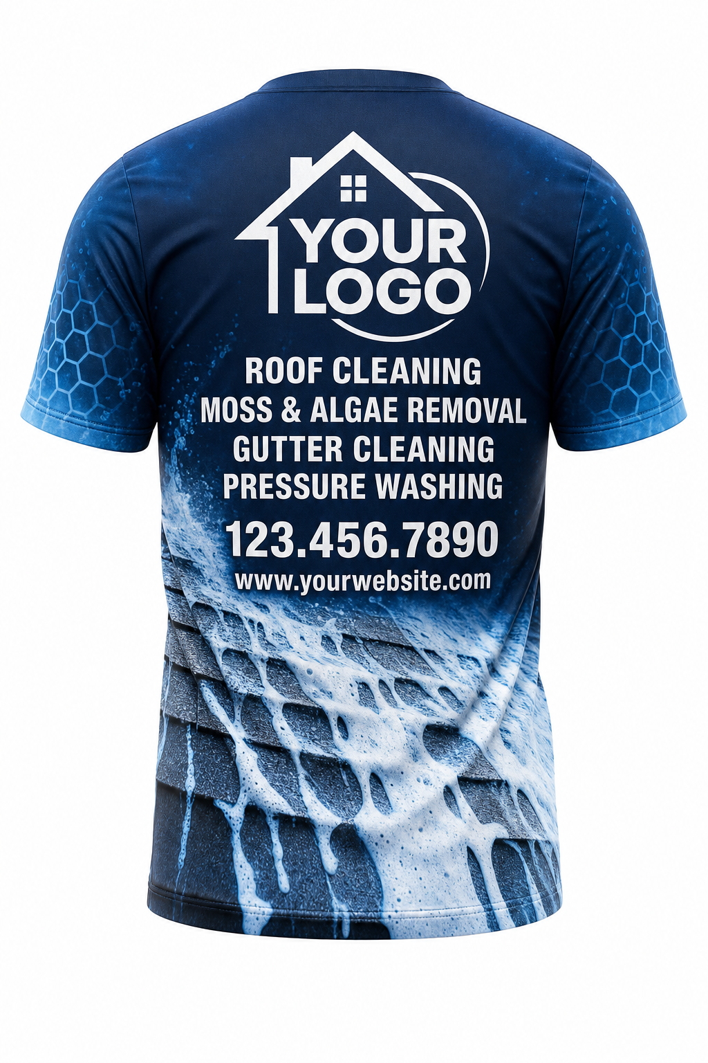 Navy Soft-Wash custom roof cleaning crew uniform t-shirt — back (tee-back)
