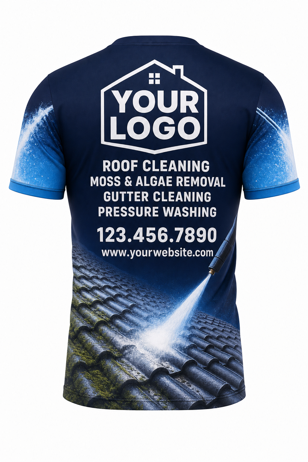 Navy Spray Jet custom roof cleaning crew uniform t-shirt — back (tee-back)