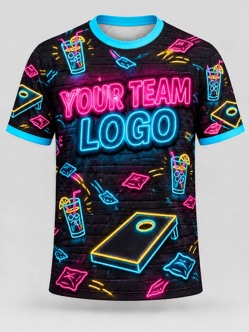Neon Happy Hour custom cornhole team jersey, front