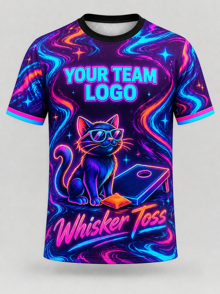 Neon Whiskers custom cornhole team jersey, front
