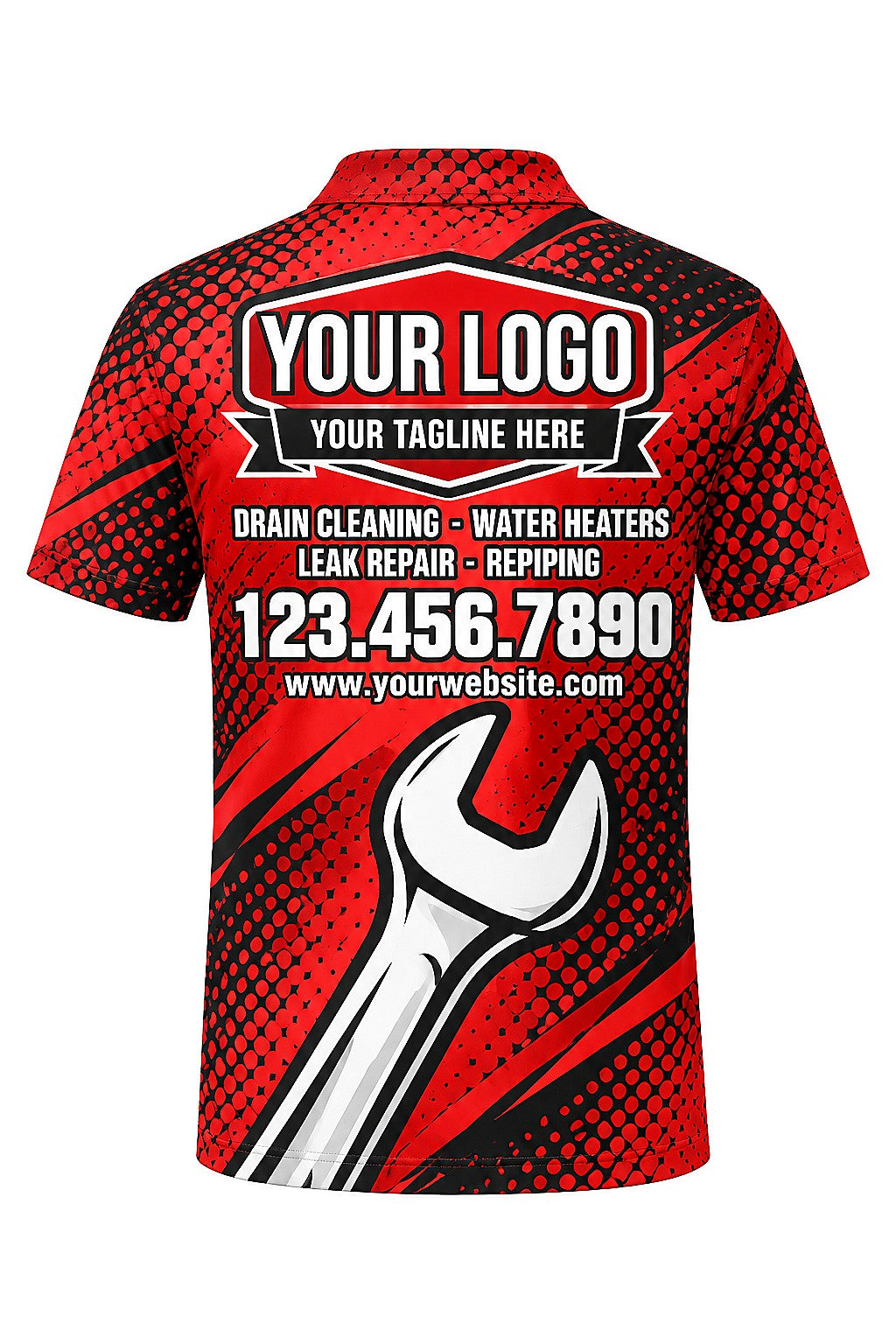 Halftone Red custom plumbing polo, back