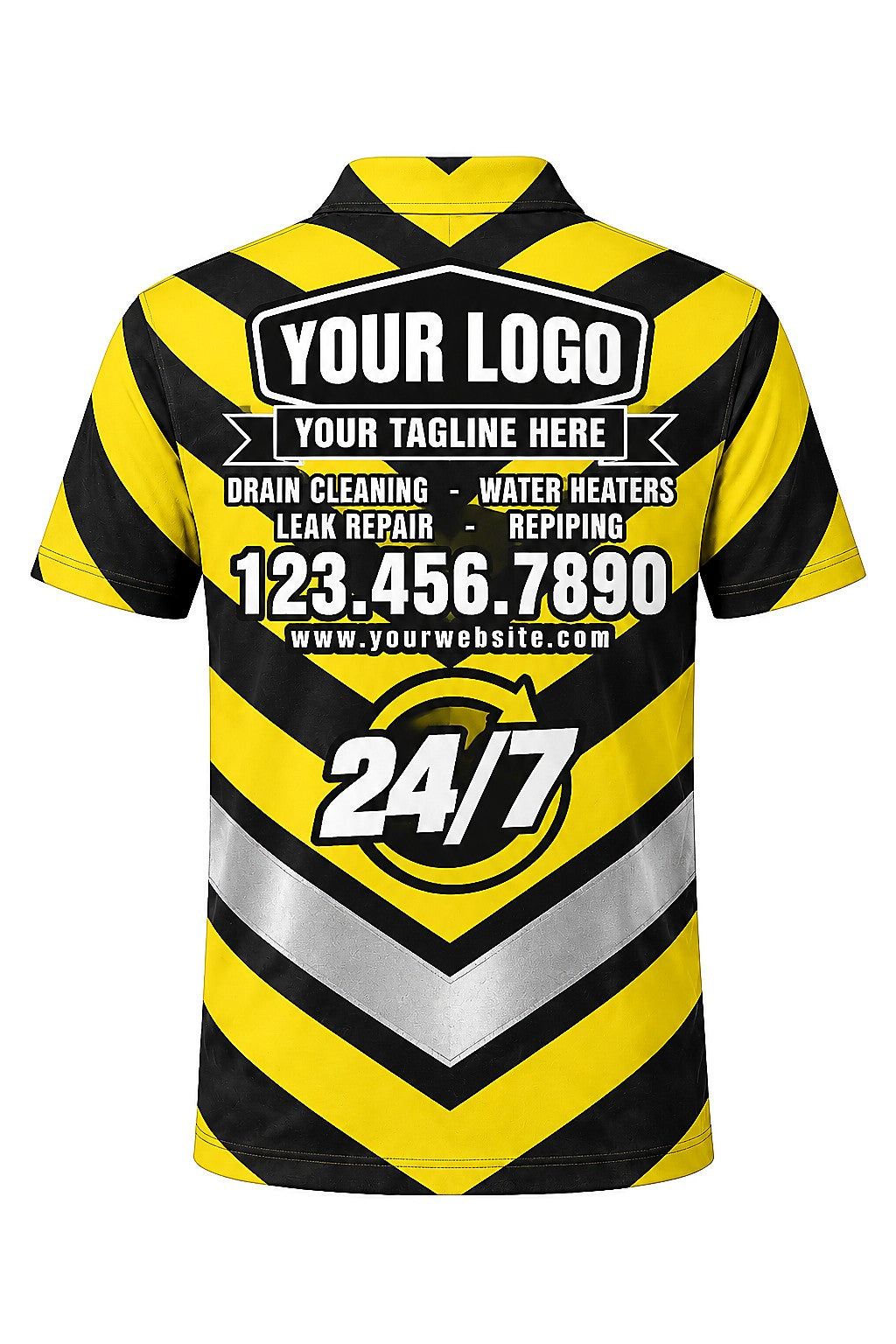 Hi-Vis Emergency custom plumbing polo, back