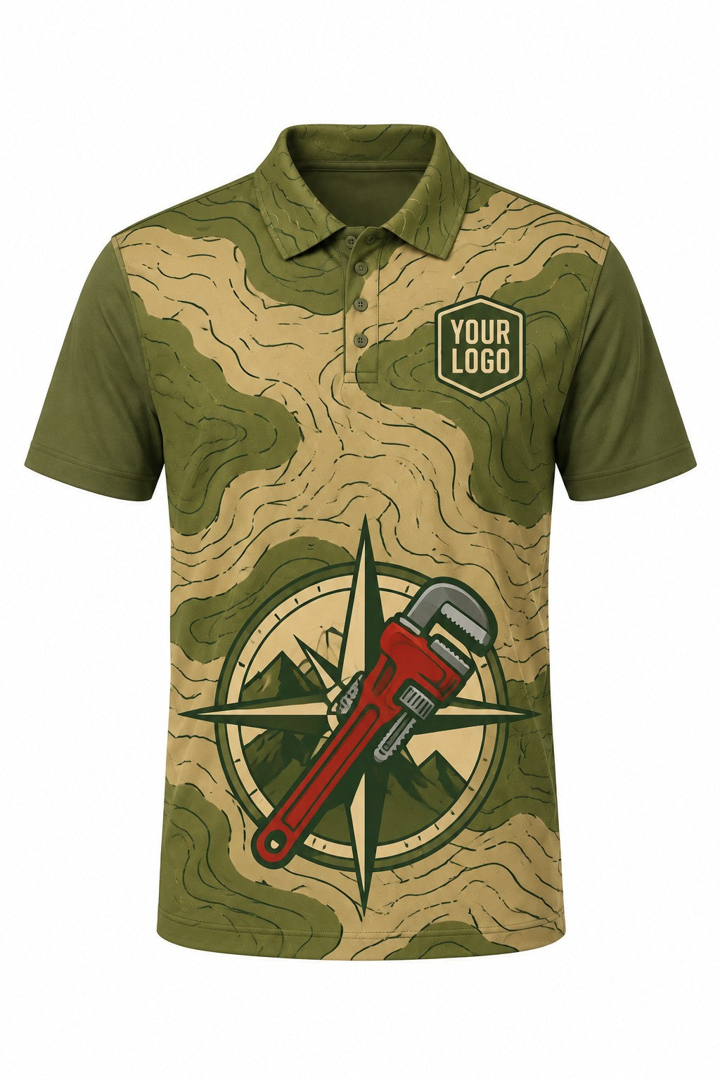 Outfitters Olive custom plumbing polo, front