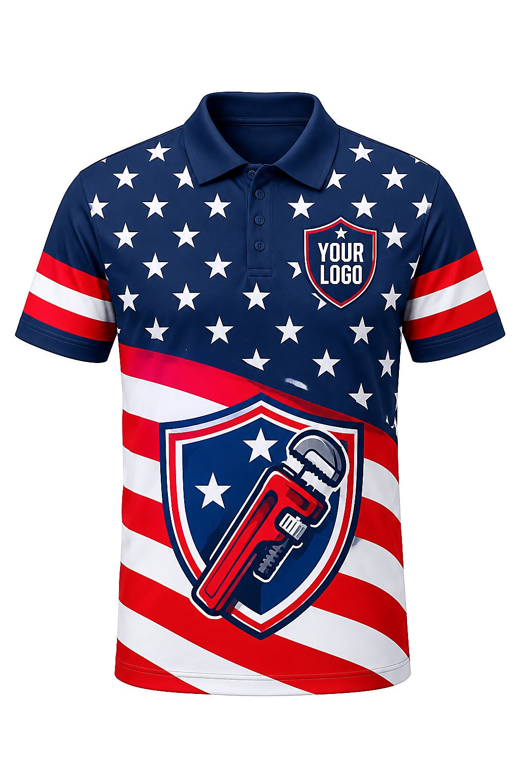 Old Glory Plumbers custom plumbing polo, front