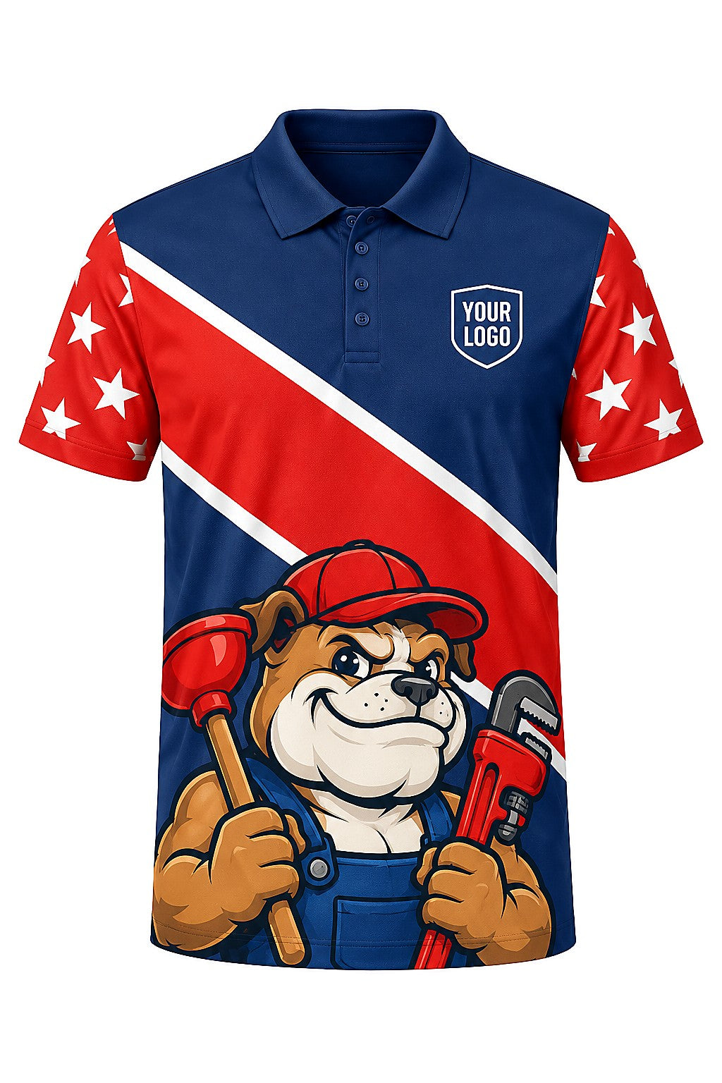 Bulldog Pipe Pros custom plumbing polo, front