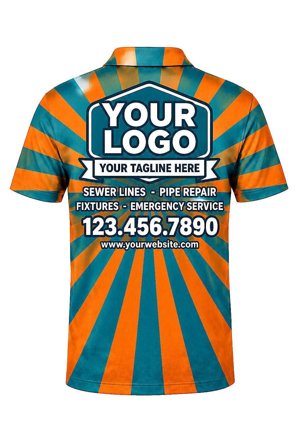 Teal Sunset custom plumbing polo, back