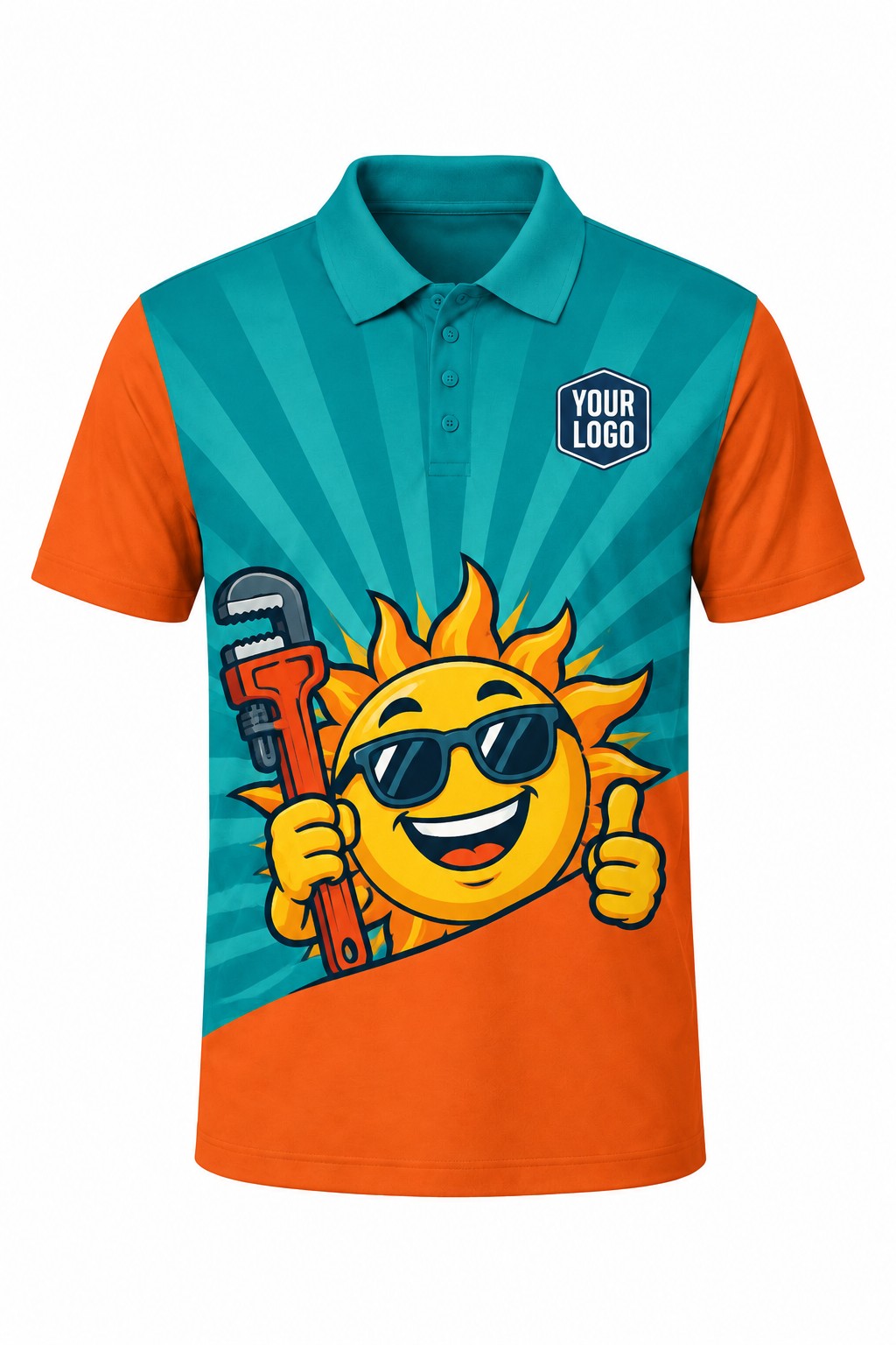 Teal Sunset custom plumbing polo, front