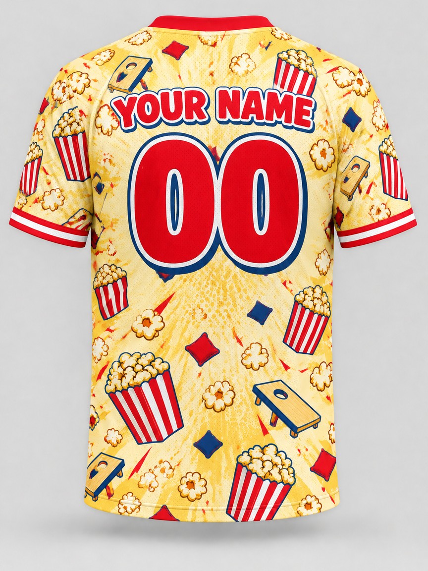 Popcorn Party custom cornhole team jersey, back