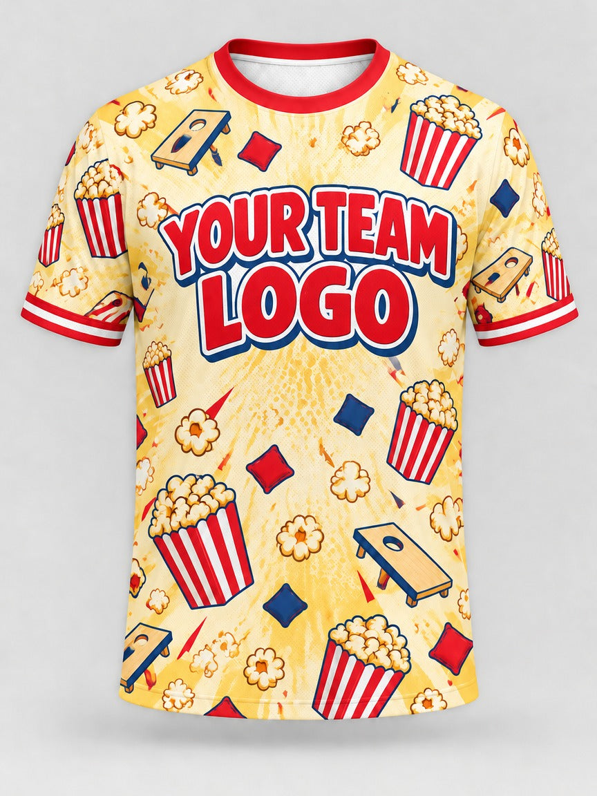 Popcorn Party custom cornhole team jersey, front