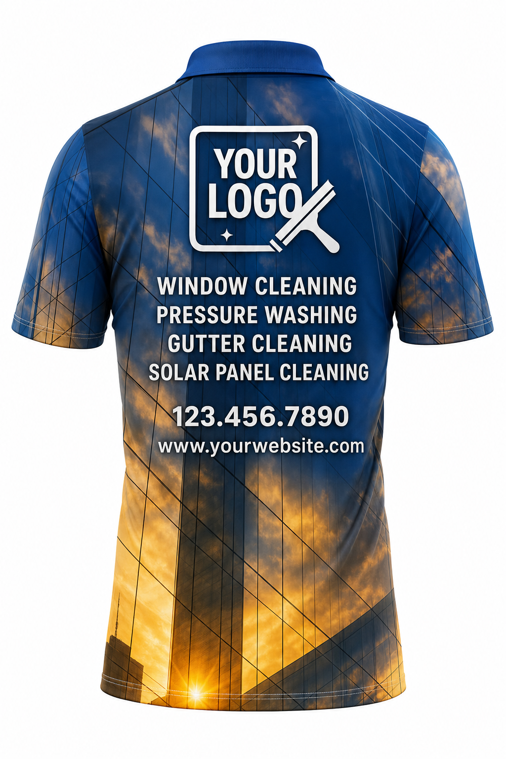 Reflective Gold custom window cleaning crew uniform polo shirt — back (polo-back)