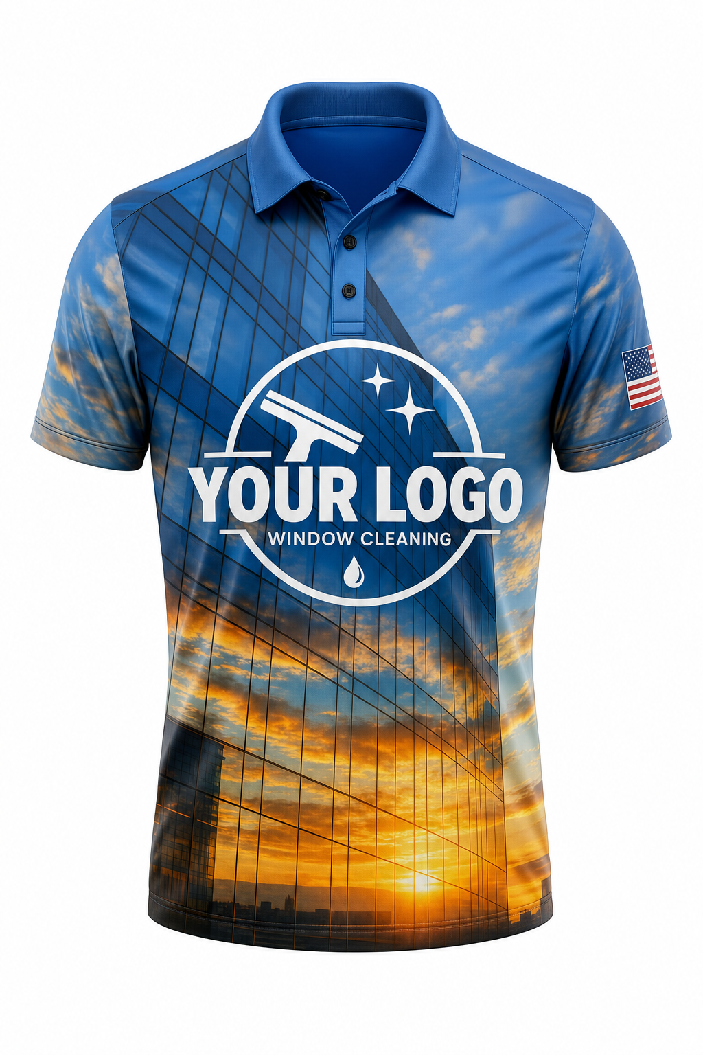 Reflective Gold custom window cleaning crew uniform polo shirt — front (polo-front)