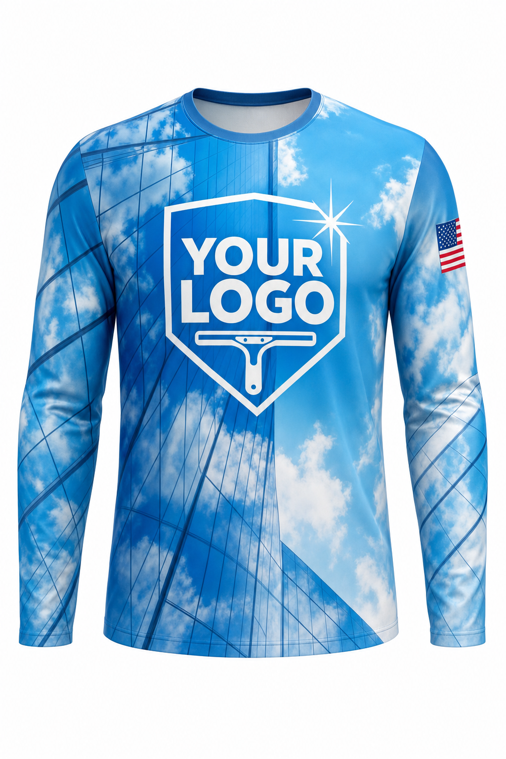 Sky Mirror custom window cleaning crew uniform long-sleeve shirt — front (longsleeve-front)