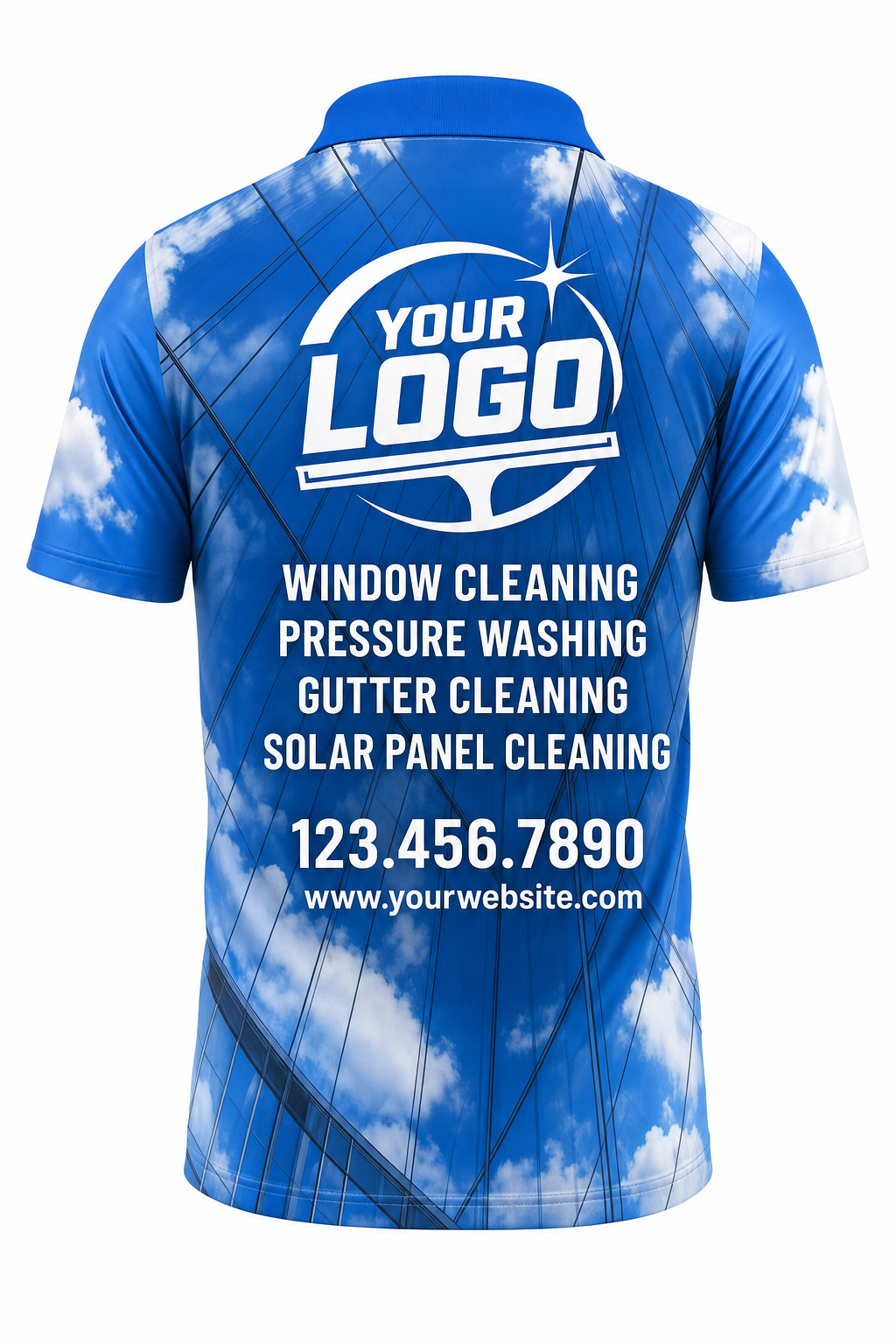 Sky Mirror custom window cleaning crew uniform polo shirt — back (polo-back)