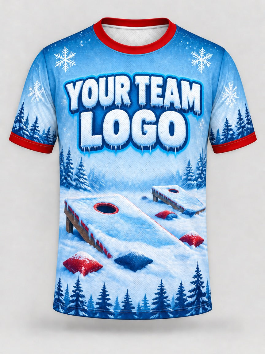 Snowy Boards custom cornhole team jersey, front